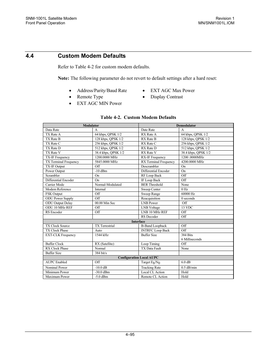 Custom modem defaults, 4 custom modem defaults | Comtech EF Data SNM-1001L User Manual | Page 159 / 344