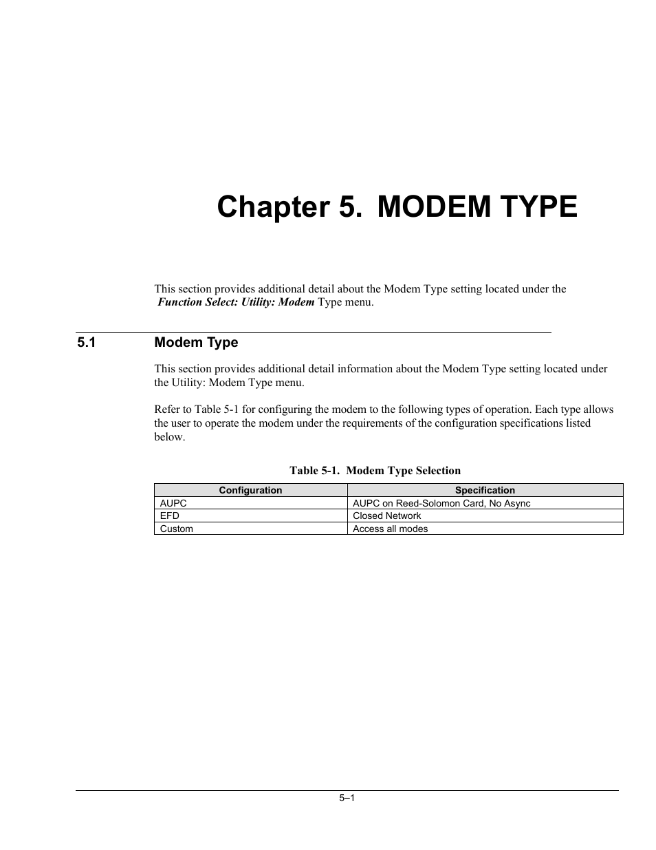 Chp_5 modem type, Modem type, Chapter 5 | Comtech EF Data SNM-1001L User Manual | Page 163 / 344