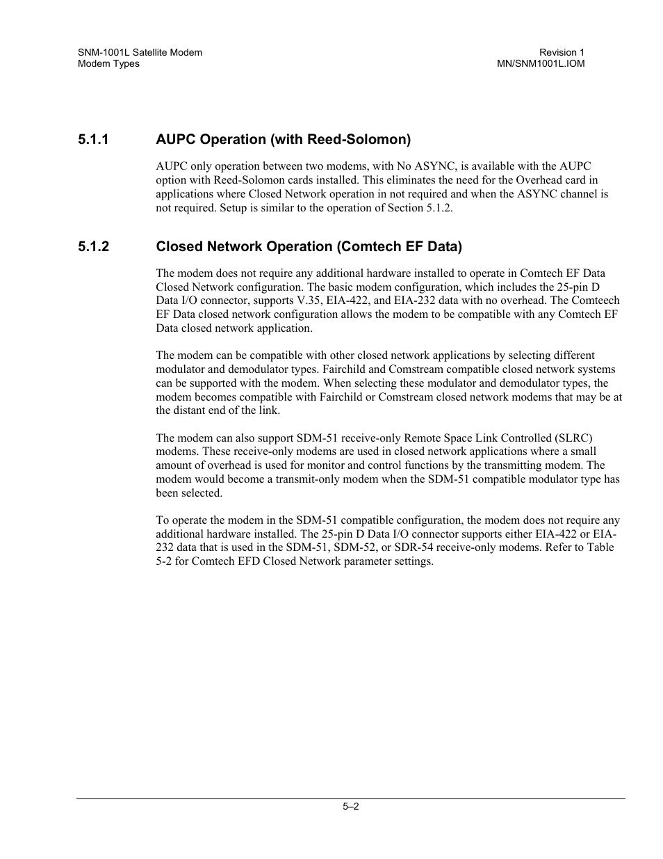 Aupc operation (with reed-solomon), Closed network operation (comtech ef data) | Comtech EF Data SNM-1001L User Manual | Page 164 / 344