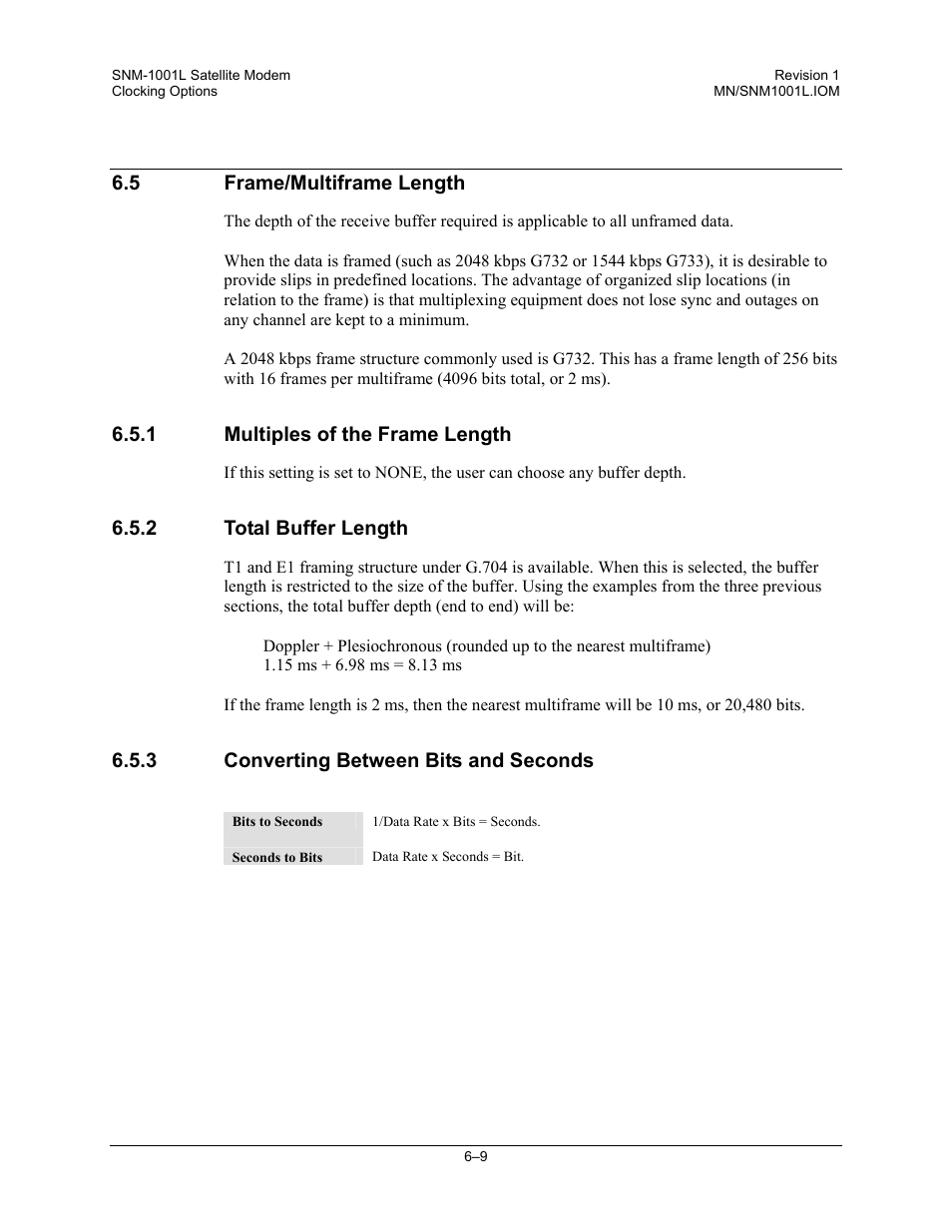 Frame/multiframe length, Multiples of the frame length, Total buffer length | Converting between bits and seconds | Comtech EF Data SNM-1001L User Manual | Page 175 / 344