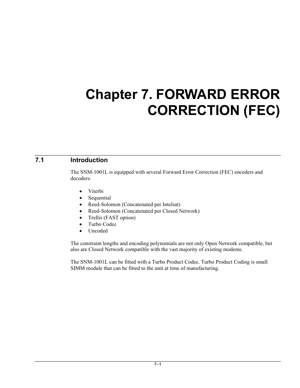 Chp_7 forward error correction (fec), Introduction, Chapter 7. forward error correction (fec) | Comtech EF Data SNM-1001L User Manual | Page 177 / 344