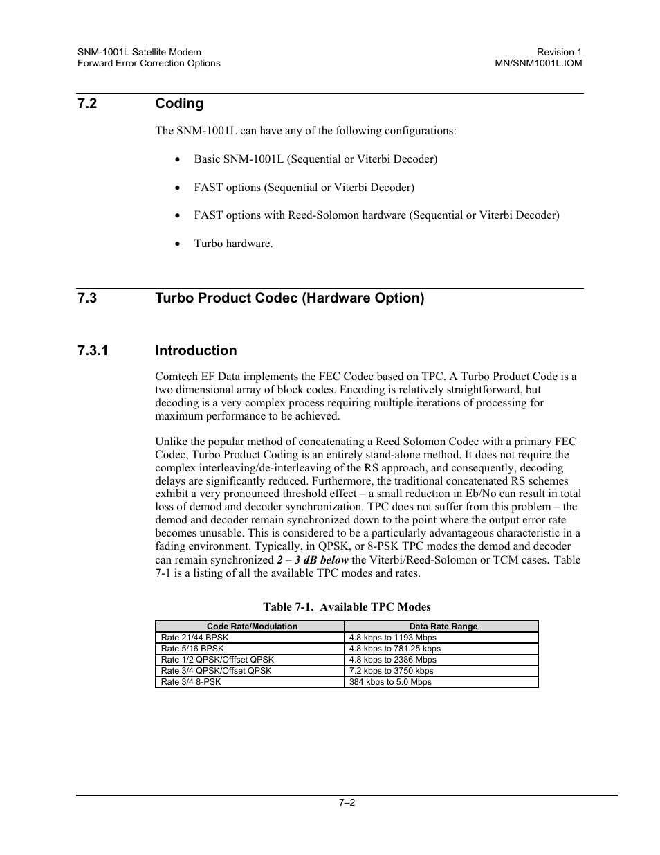 Coding, Turbo product codec (hardware option), Introduction | 2 coding | Comtech EF Data SNM-1001L User Manual | Page 178 / 344