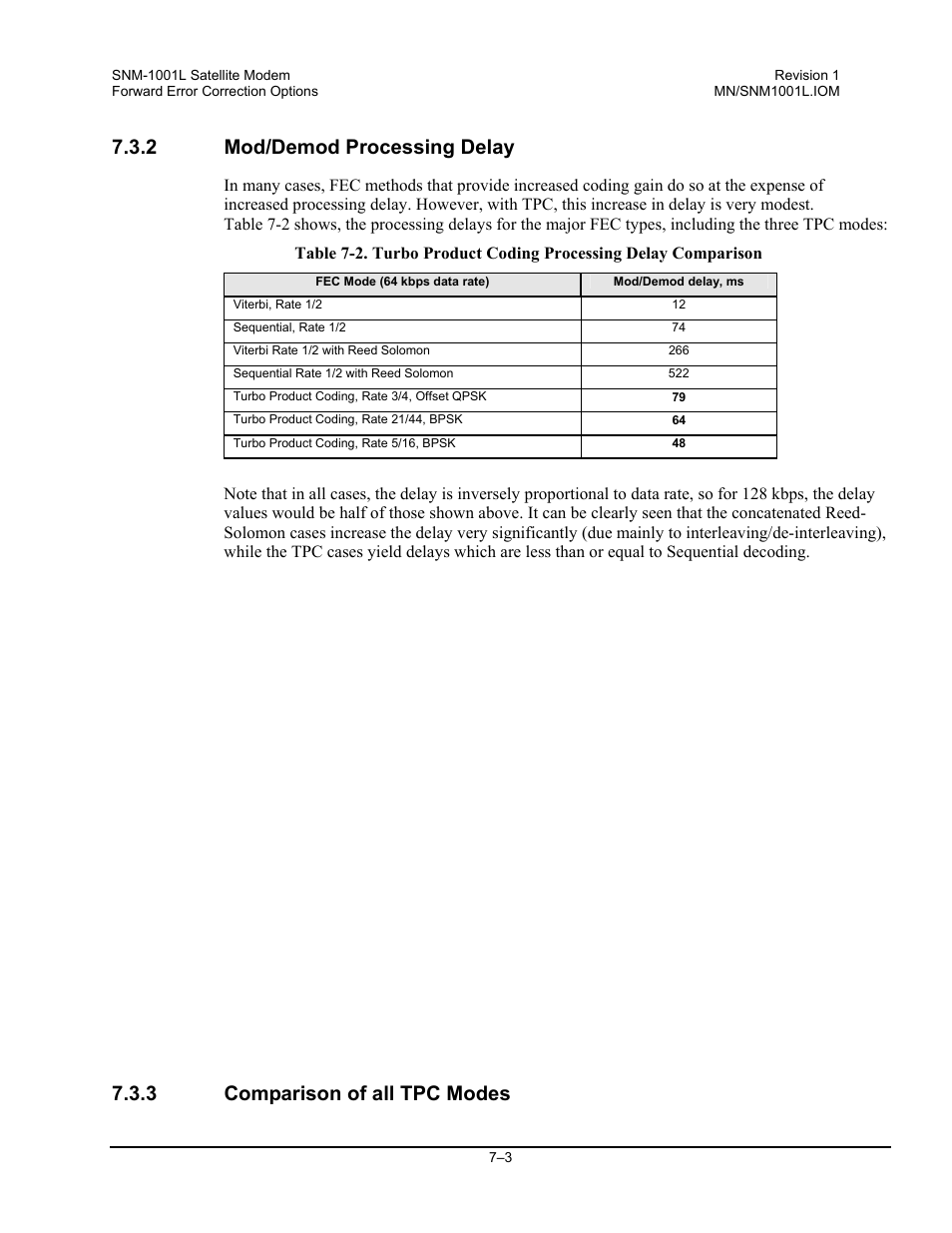 Mod/demod processing delay, Comparison of all tpc modes, 2 mod/demod processing delay | 3 comparison of all tpc modes | Comtech EF Data SNM-1001L User Manual | Page 179 / 344