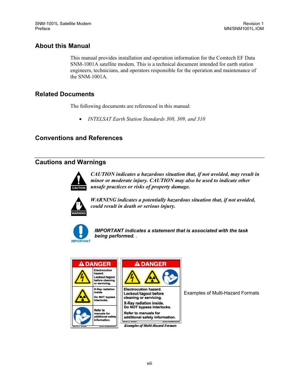 About this manual, Related documents, Conventions and references cautions and warnings | Comtech EF Data SNM-1001L User Manual | Page 18 / 344