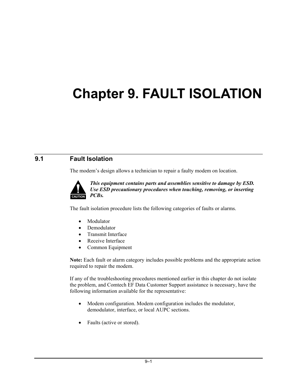 Chp_9 fault isolation, Fault isolation, Chapter 9. fault isolation | Comtech EF Data SNM-1001L User Manual | Page 197 / 344