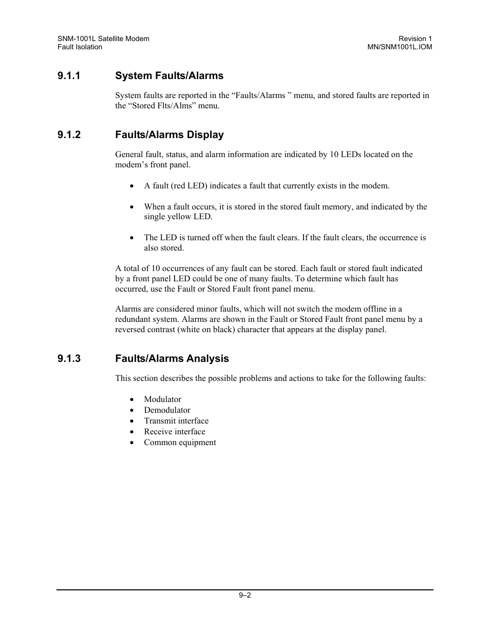 System faults/alarms, Faults/alarms display, Faults/alarms analysis | Comtech EF Data SNM-1001L User Manual | Page 198 / 344