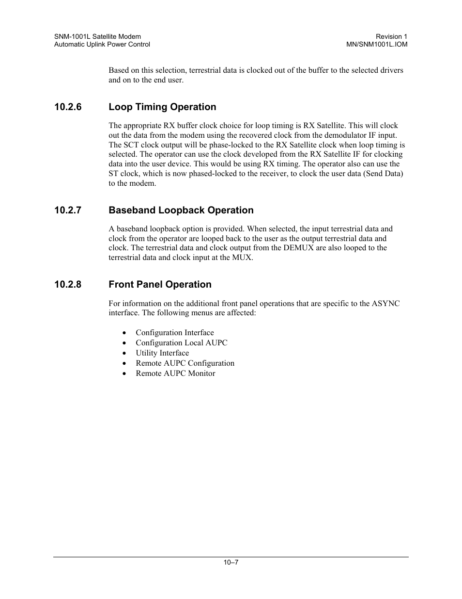 Loop timing operation, Baseband loopback operation, Front panel operation | Comtech EF Data SNM-1001L User Manual | Page 211 / 344