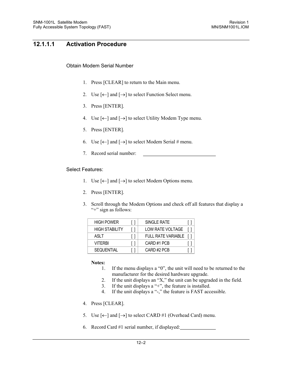 Activation procedure, Obtain modem serial number, Select features | 1 activation procedure | Comtech EF Data SNM-1001L User Manual | Page 218 / 344