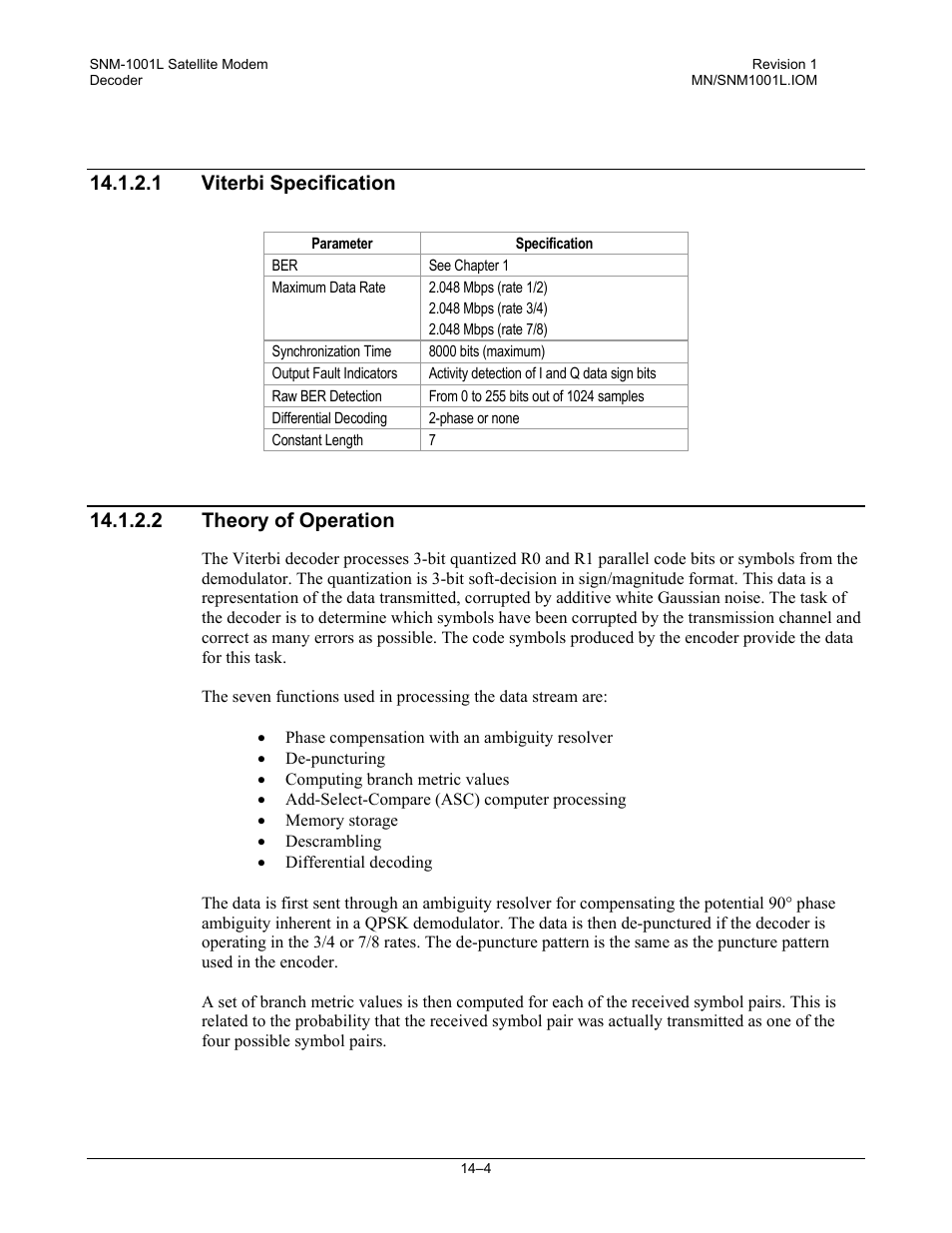 Viterbi specification, Theory of operation, 1 viterbi specification | 2 theory of operation | Comtech EF Data SNM-1001L User Manual | Page 230 / 344