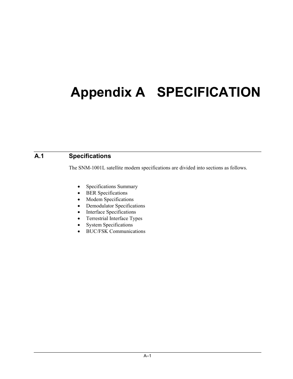 Append_a specification, Specifications, Appendix a specification | Comtech EF Data SNM-1001L User Manual | Page 239 / 344