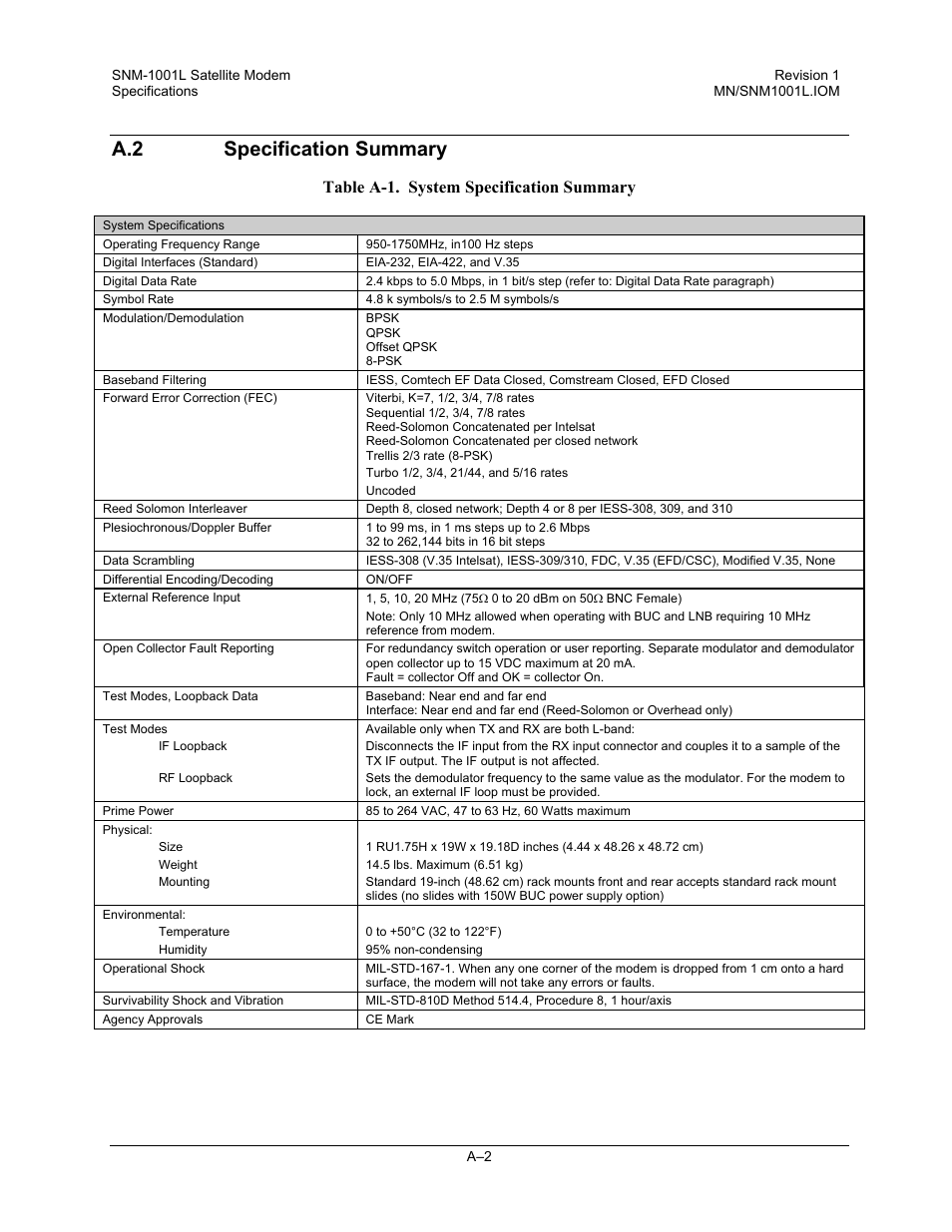 Specification summary, A.2 specification summary, Table a-1. system specification summary | Comtech EF Data SNM-1001L User Manual | Page 240 / 344