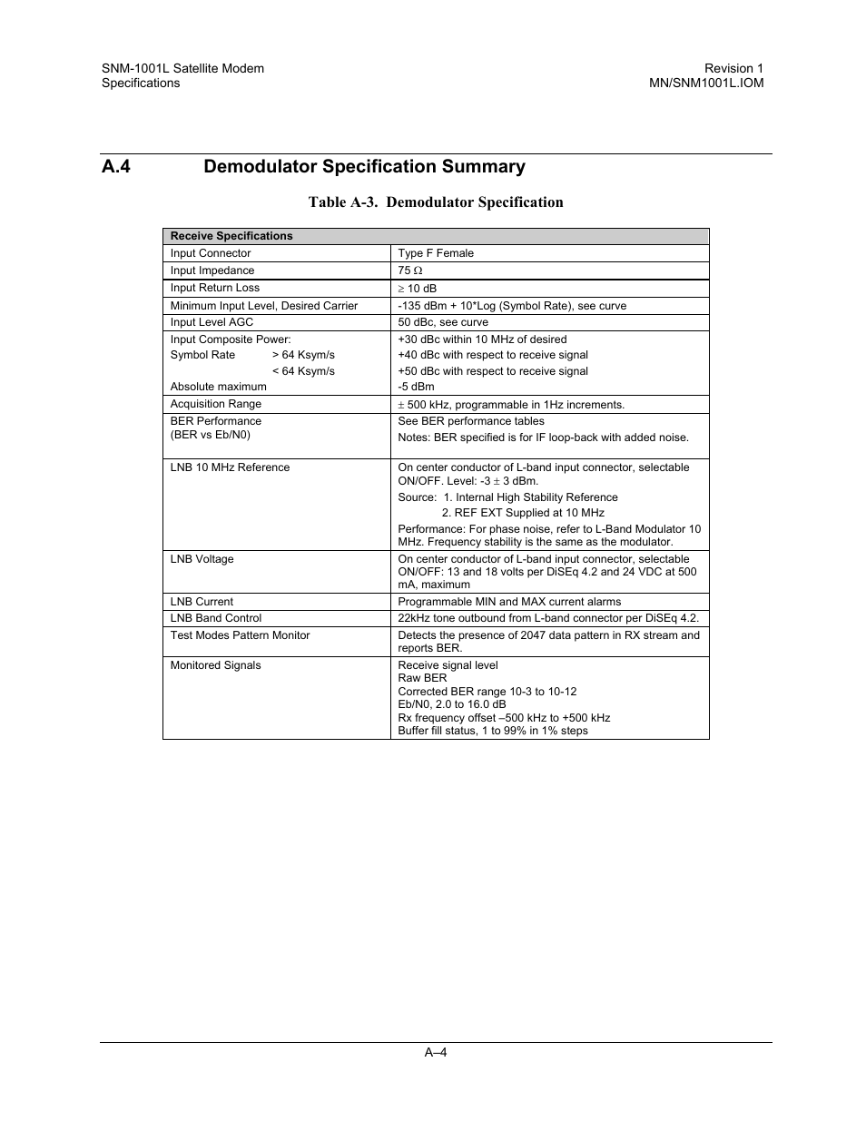 Demodulator specification summary, A.4 demodulator specification summary, Table a-3. demodulator specification | Comtech EF Data SNM-1001L User Manual | Page 242 / 344
