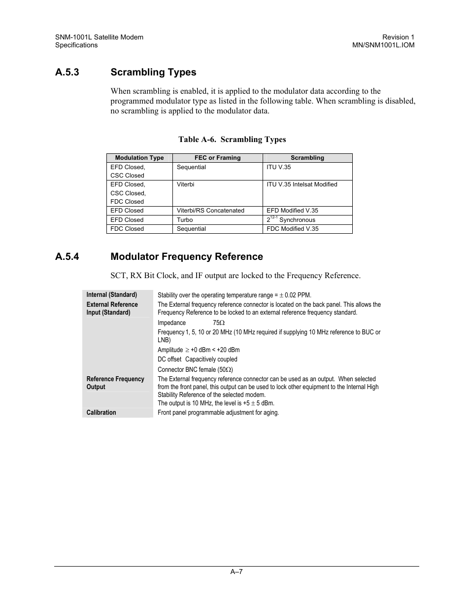 Scrambling types, Modulator frequency reference, A.5.3 scrambling types | A.5.4 modulator frequency reference | Comtech EF Data SNM-1001L User Manual | Page 245 / 344