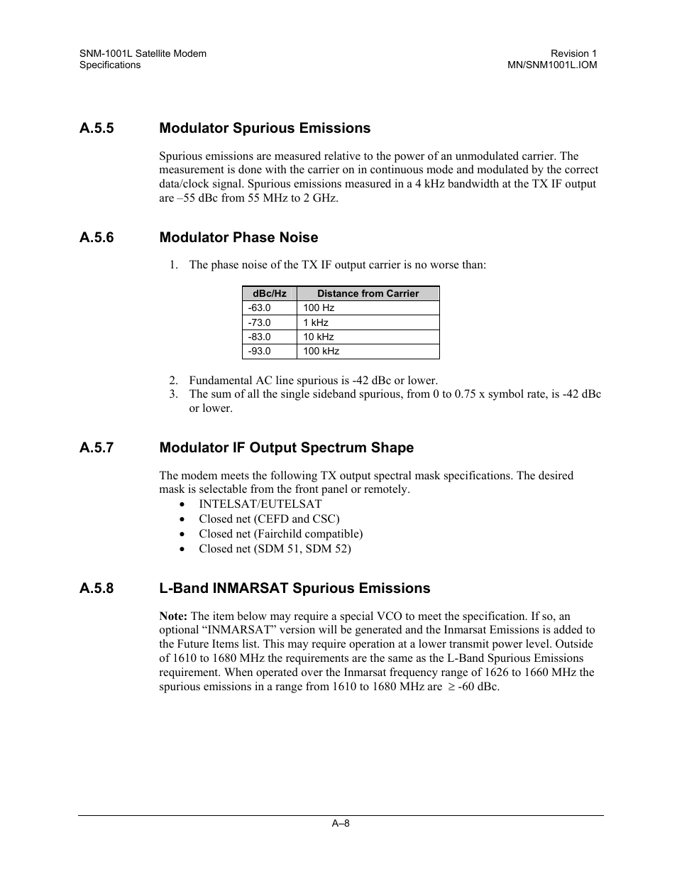 Modulator spurious emissions, Modulator phase noise, Modulator if output spectrum shape | L-band inmarsat spurious emissions, A.5.5 modulator spurious emissions, A.5.6 modulator phase noise, A.5.7 modulator if output spectrum shape, A.5.8 l-band inmarsat spurious emissions | Comtech EF Data SNM-1001L User Manual | Page 246 / 344