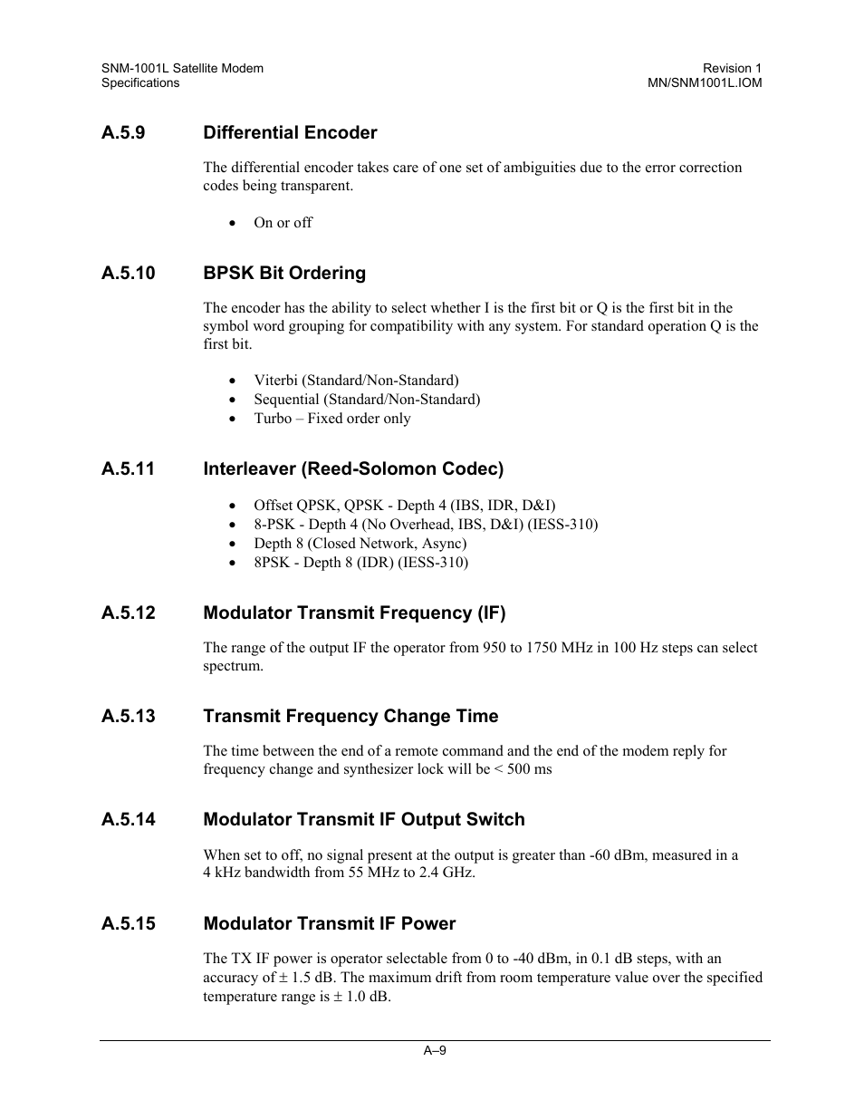 Differential encoder, Bpsk bit ordering, Interleaver (reed-solomon codec) | Modulator transmit frequency (if), Transmit frequency change time, Modulator transmit if output switch, Modulator transmit if power | Comtech EF Data SNM-1001L User Manual | Page 247 / 344