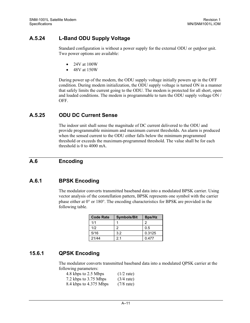 L-band odu supply voltage, Odu dc current sense, Encoding | Bpsk encoding, 1qpsk encoding | Comtech EF Data SNM-1001L User Manual | Page 249 / 344