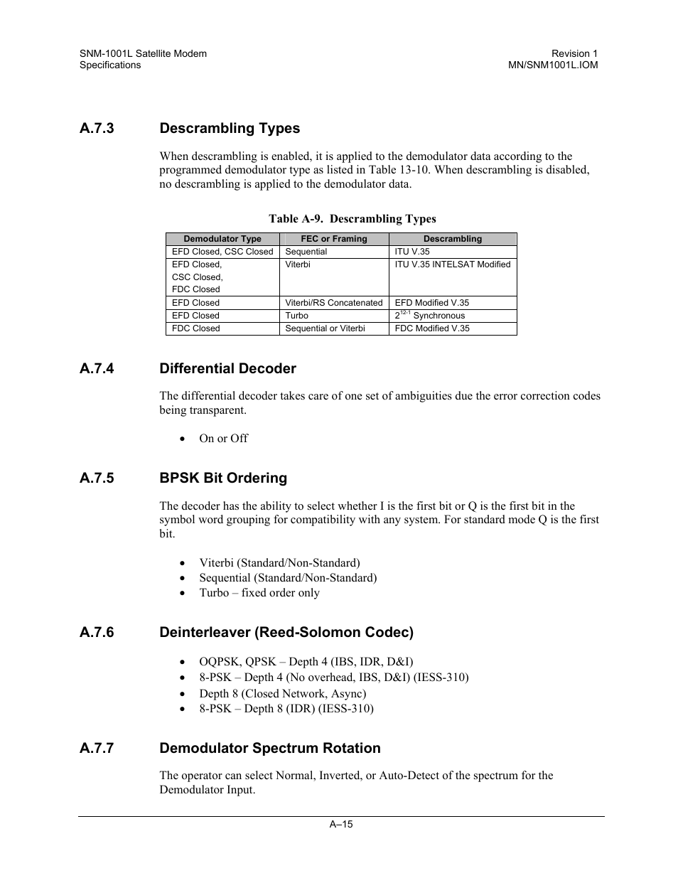 Descrambling types, Differential decoder, Bpsk bit ordering | Deinterleaver (reed-solomon codec), Demodulator spectrum rotation, A.7.3 descrambling types, A.7.4 differential decoder, A.7.5 bpsk bit ordering, A.7.6 deinterleaver (reed-solomon codec), A.7.7 demodulator spectrum rotation | Comtech EF Data SNM-1001L User Manual | Page 253 / 344
