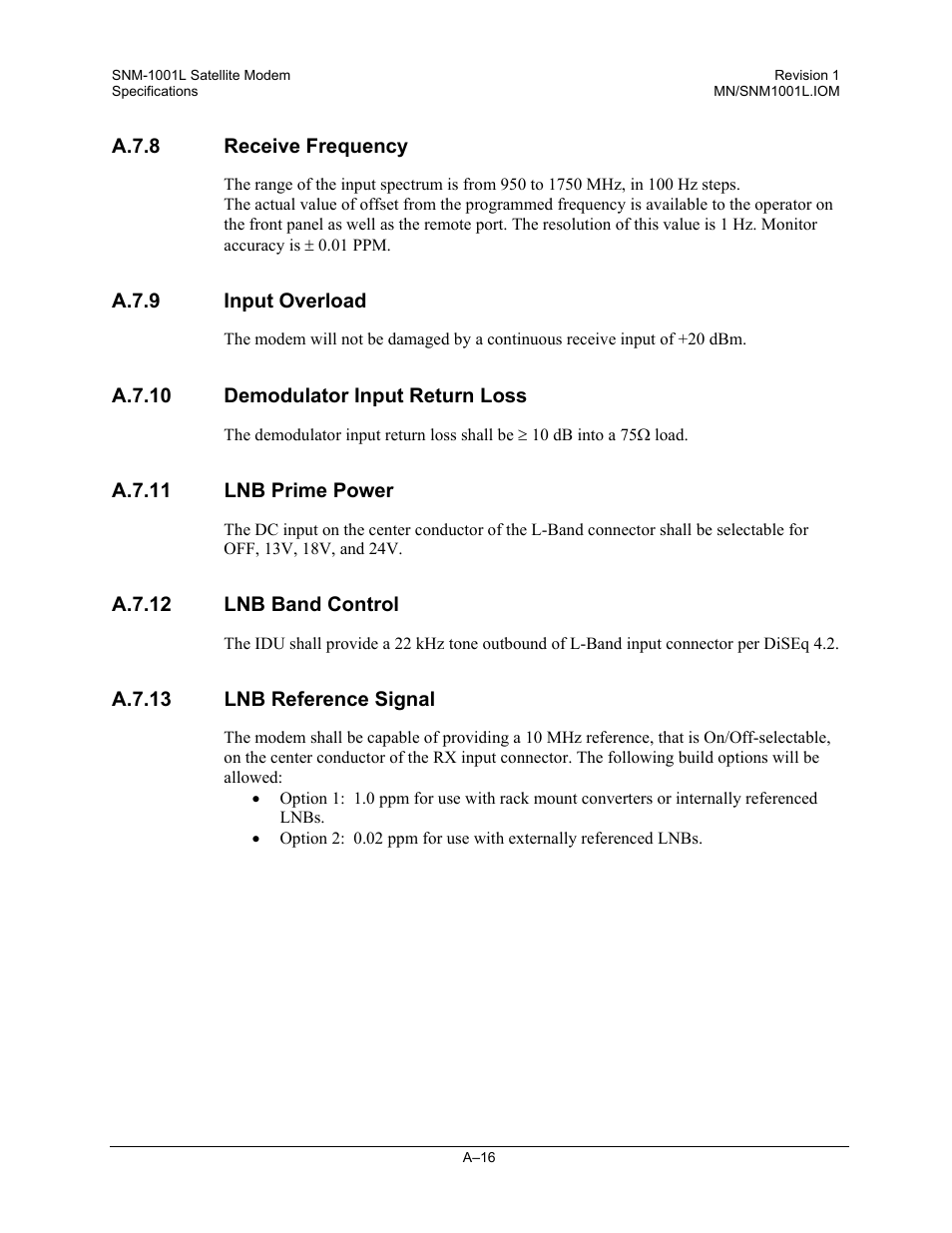 Receive frequency, Input overload, Demodulator input return loss | Lnb prime power, Lnb band control, Lnb reference signal | Comtech EF Data SNM-1001L User Manual | Page 254 / 344