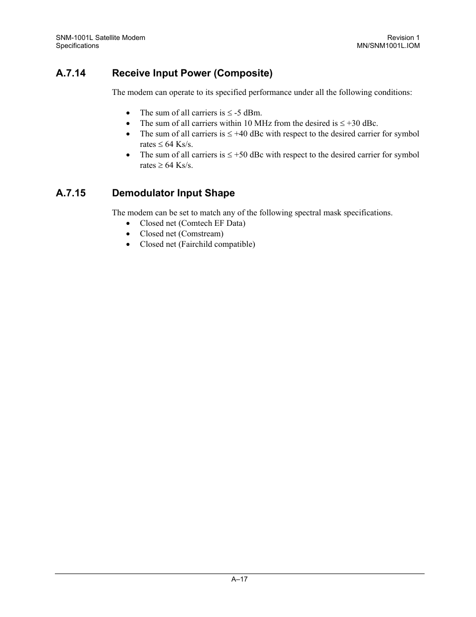 Receive input power (composite), Demodulator input shape | Comtech EF Data SNM-1001L User Manual | Page 255 / 344