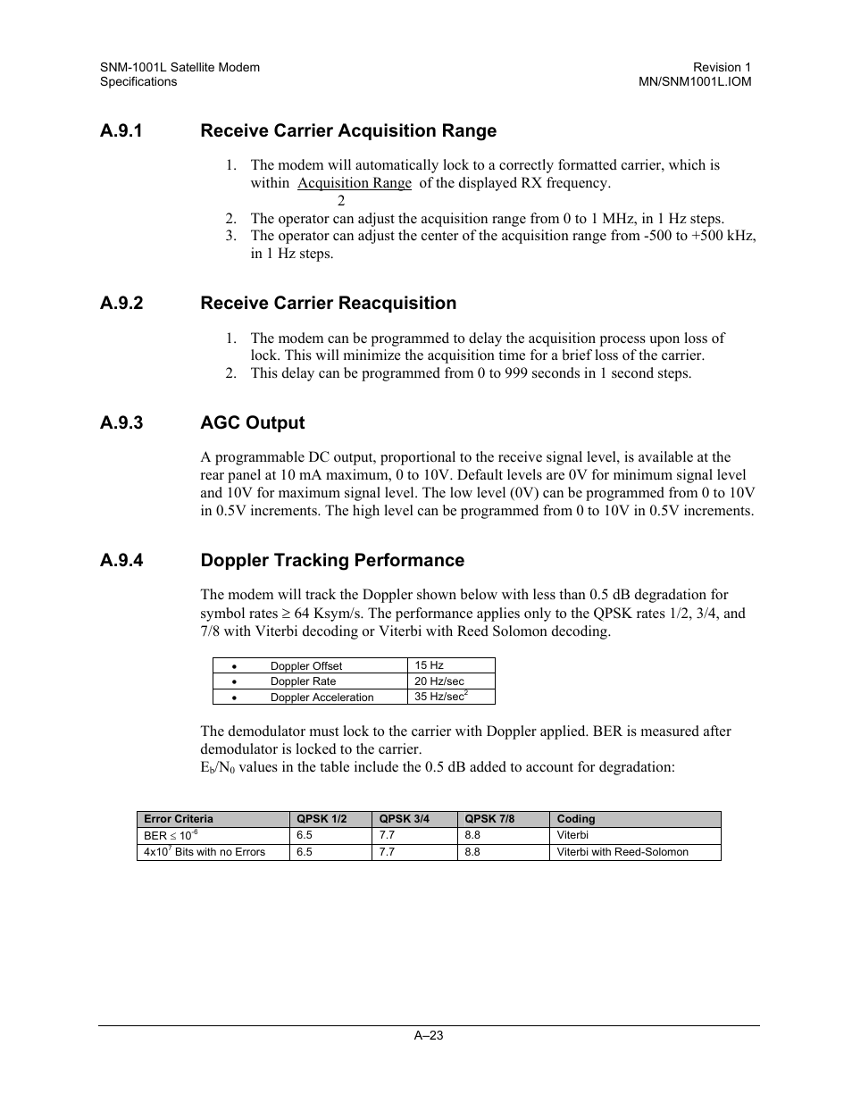 Receive carrier acquisition range, Receive carrier reacquisition, Agc output | Doppler tracking performance, A.9.1 receive carrier acquisition range, A.9.2 receive carrier reacquisition, A.9.3 agc output, A.9.4 doppler tracking performance | Comtech EF Data SNM-1001L User Manual | Page 261 / 344