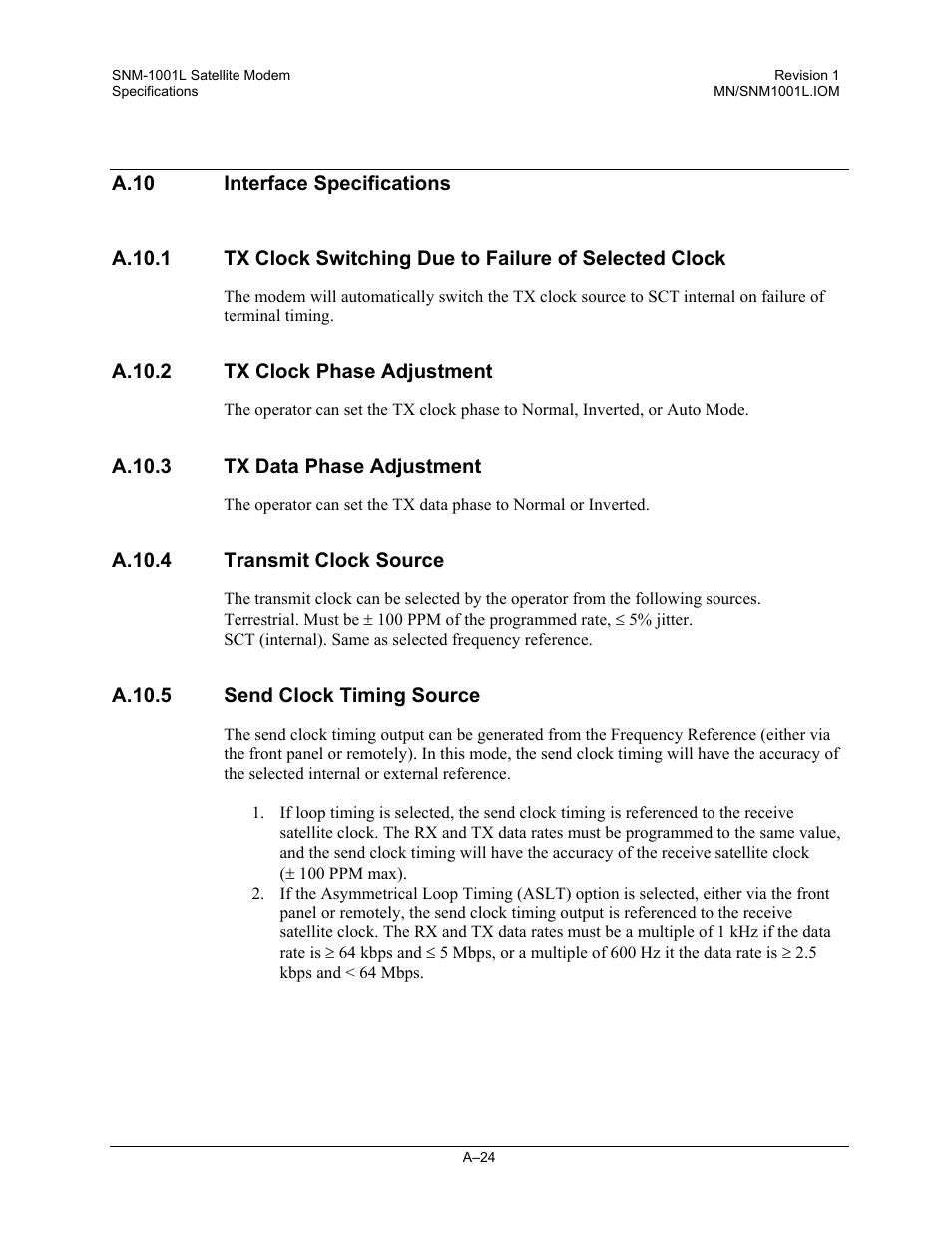 Interface specifications, Tx clock phase adjustment, Tx data phase adjustment | Transmit clock source, Send clock timing source | Comtech EF Data SNM-1001L User Manual | Page 262 / 344