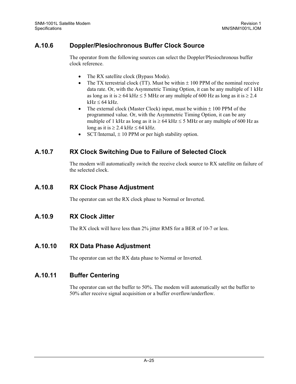 Doppler/plesiochronous buffer clock source, Rx clock phase adjustment, Rx clock jitter | Rx data phase adjustment, Buffer centering | Comtech EF Data SNM-1001L User Manual | Page 263 / 344