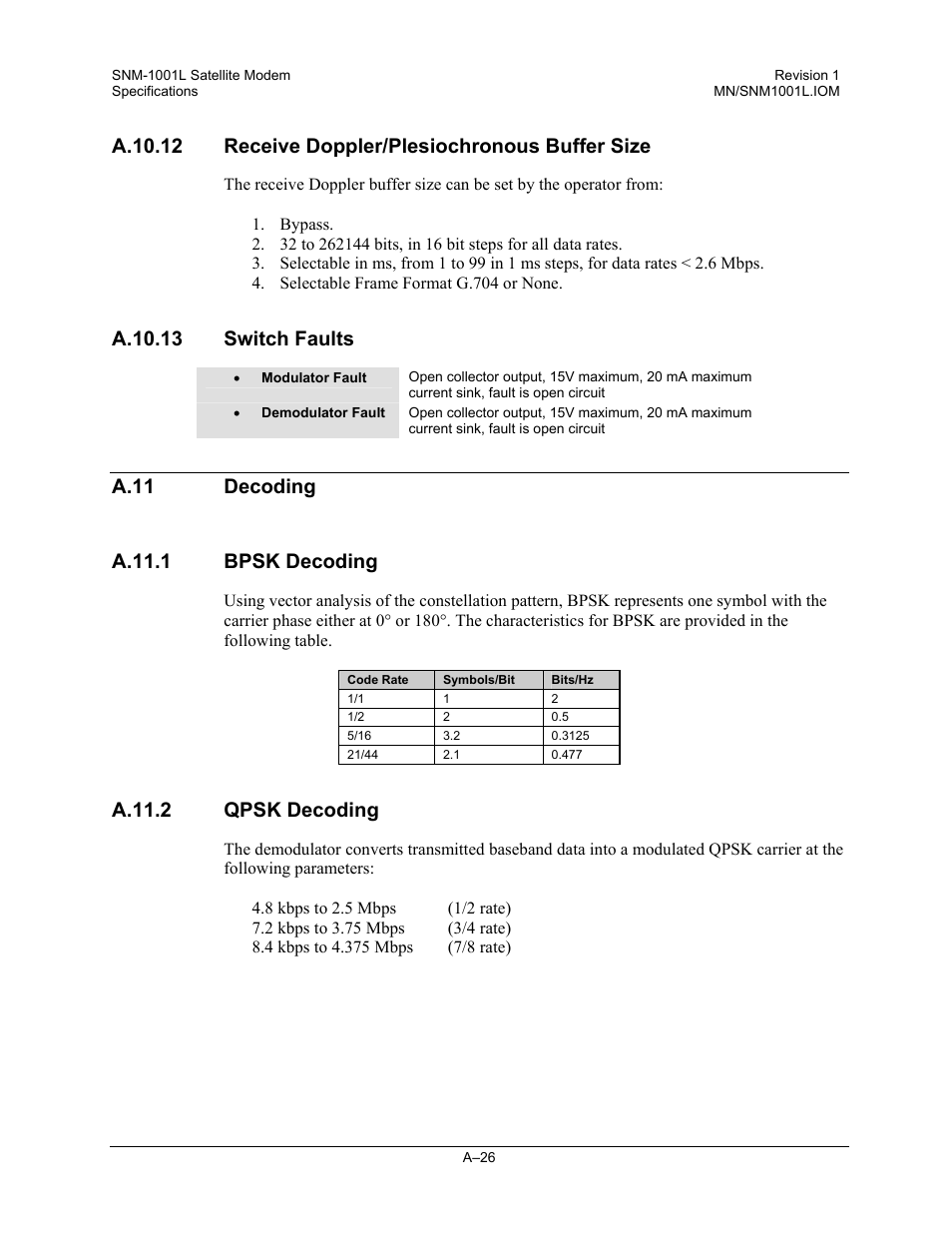 Receive doppler/plesiochronous buffer size, Switch faults, Decoding | Bpsk decoding, Qpsk decoding, A.10.12 receive doppler/plesiochronous buffer size, A.10.13 switch faults, A.11.2 qpsk decoding | Comtech EF Data SNM-1001L User Manual | Page 264 / 344