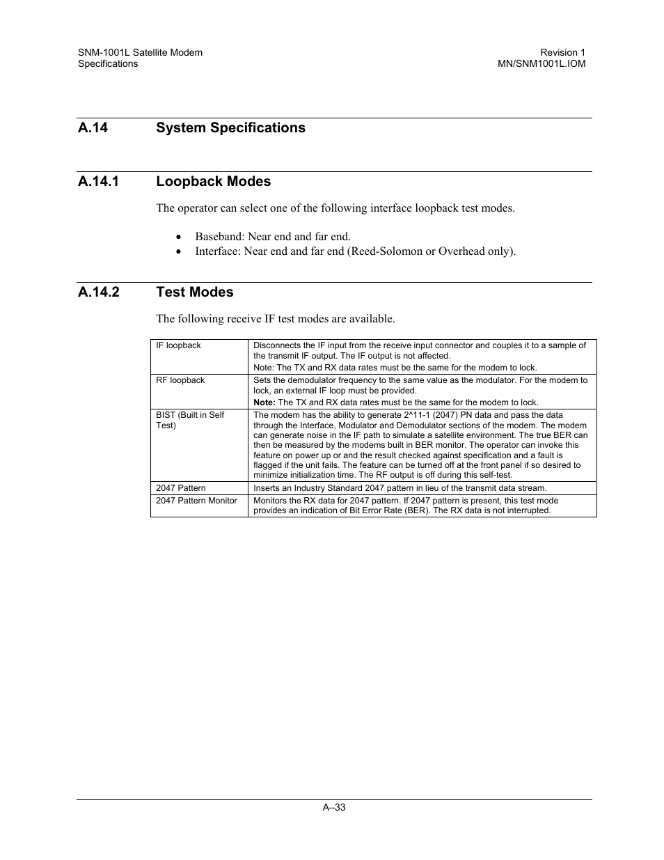 System specifications, Loopback modes, Test modes | A.14.2 test modes | Comtech EF Data SNM-1001L User Manual | Page 271 / 344