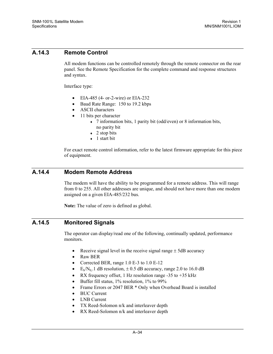 Remote control, Modem remote address, Monitored signals | A.14.3 remote control, A.14.4 modem remote address, A.14.5 monitored signals | Comtech EF Data SNM-1001L User Manual | Page 272 / 344