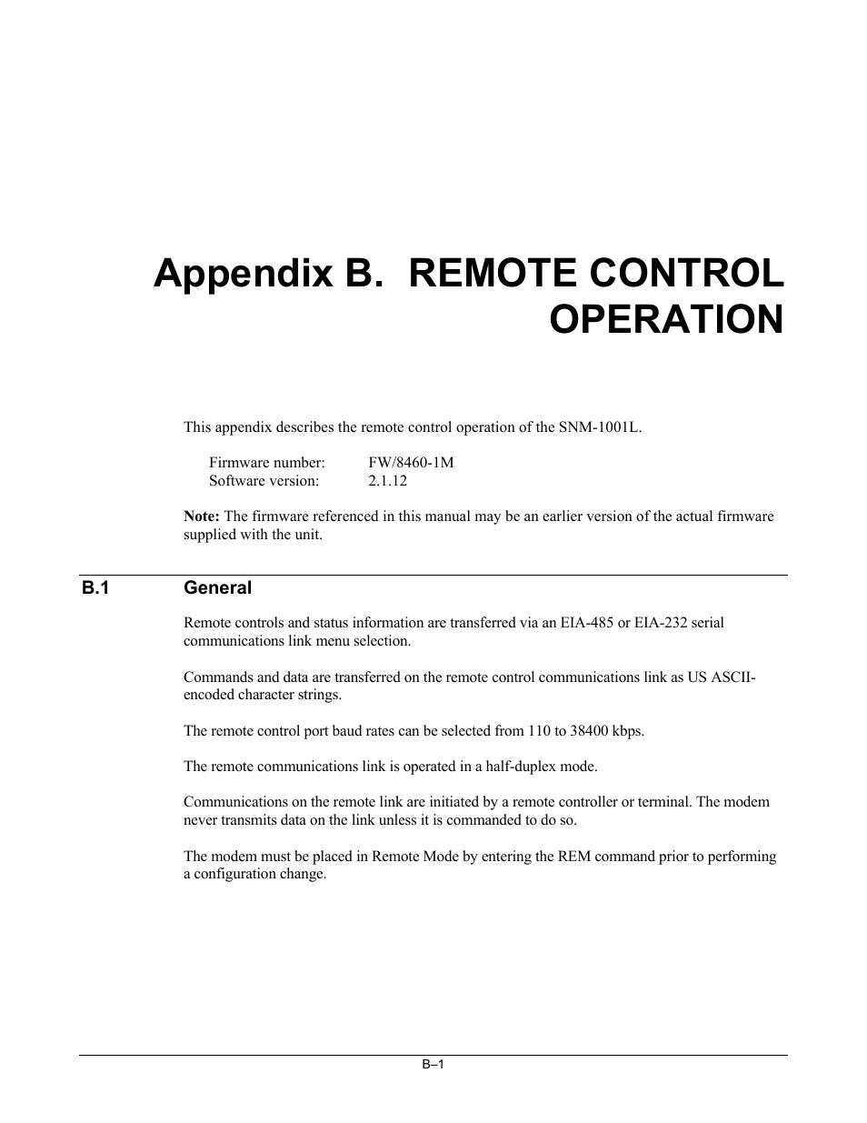 Append_b remote control operation, General, Appendix b. remote control operation | Comtech EF Data SNM-1001L User Manual | Page 275 / 344