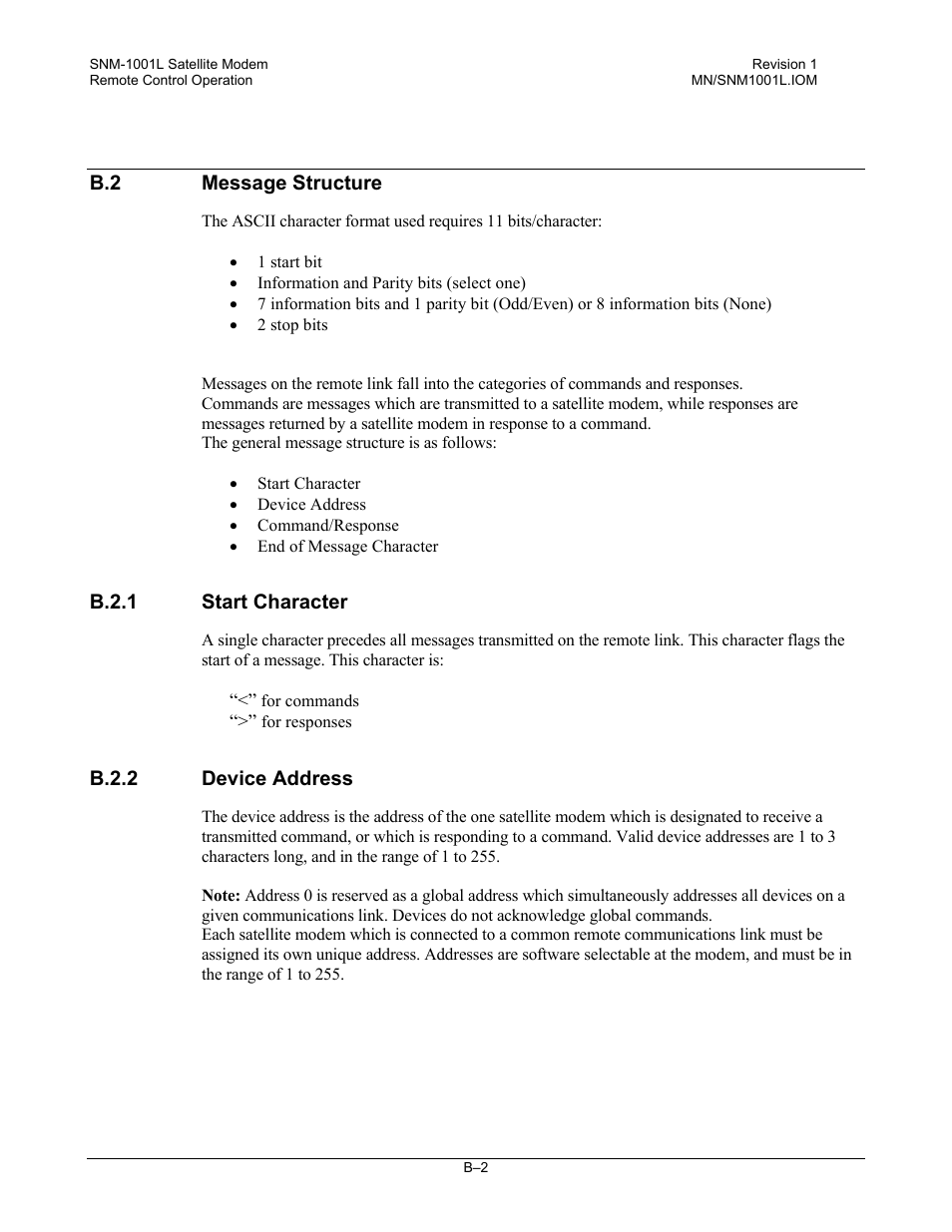 Message structure, Start character, Device address | Comtech EF Data SNM-1001L User Manual | Page 276 / 344