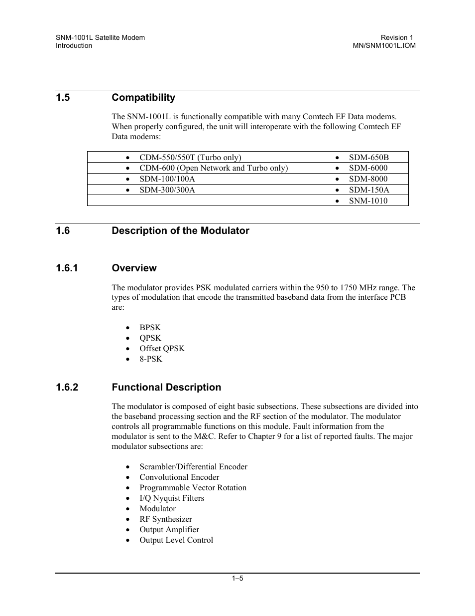 Compatibility, Description of the modulator, Overview | Functional description, 5 compatibility, 6 description of the modulator 1.6.1 overview, 2 functional description | Comtech EF Data SNM-1001L User Manual | Page 29 / 344