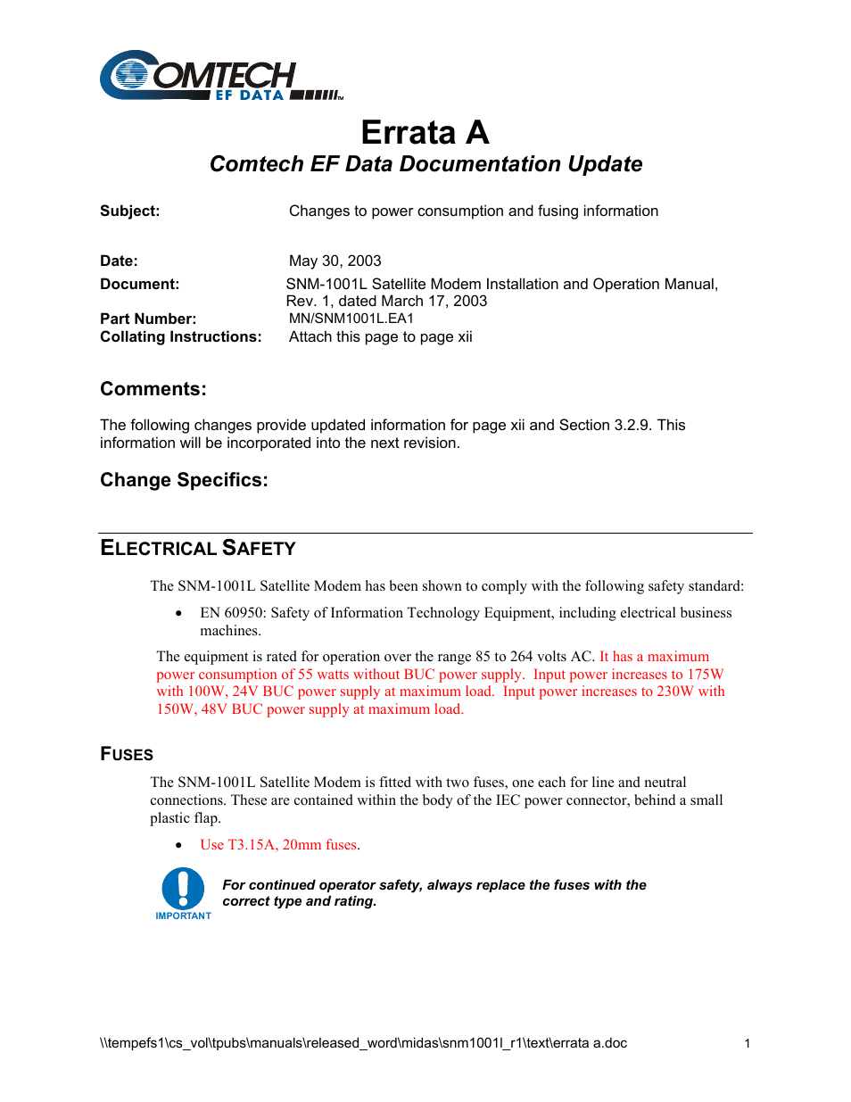 Errata a fusing update, Errata a, Comtech ef data documentation update | Comtech EF Data SNM-1001L User Manual | Page 3 / 344