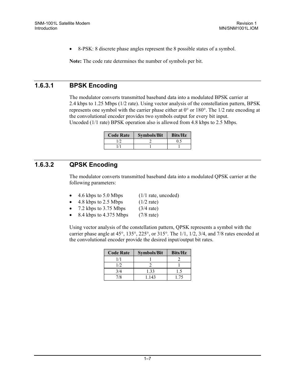 Bpsk encoding, Qpsk encoding, 1 bpsk encoding | 2 qpsk encoding | Comtech EF Data SNM-1001L User Manual | Page 31 / 344