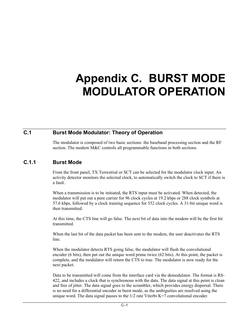 Append_c burst mode modulator operation, Burst mode modulator: theory of operation, Burst mode | Appendix c. burst mode modulator operation | Comtech EF Data SNM-1001L User Manual | Page 315 / 344