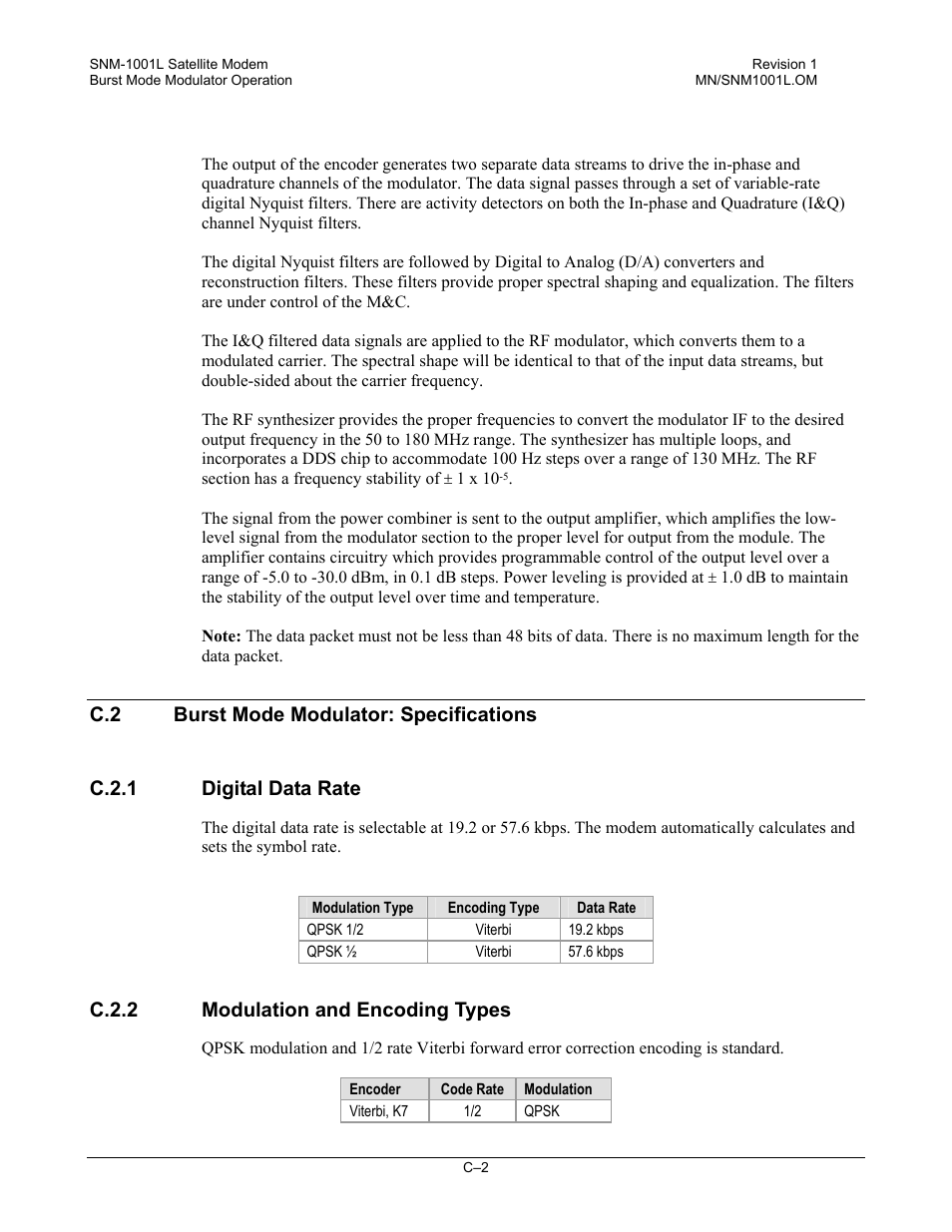 Burst mode modulator: specifications, Digital data rate, Modulation and encoding types | C.2.2 modulation and encoding types | Comtech EF Data SNM-1001L User Manual | Page 316 / 344