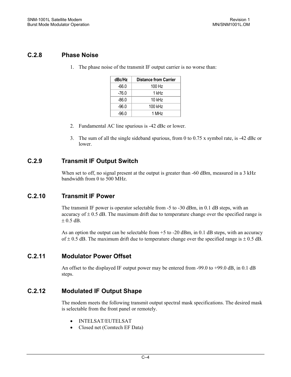 Phase noise, Transmit if output switch, Transmit if power | Modulator power offset, Modulated if output shape | Comtech EF Data SNM-1001L User Manual | Page 318 / 344