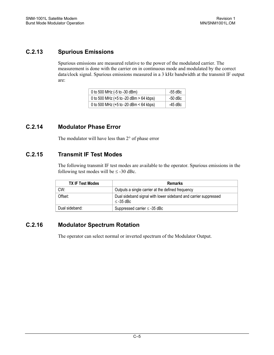 Spurious emissions, Modulator phase error, Transmit if test modes | Modulator spectrum rotation, C.2.13 spurious emissions, C.2.14 modulator phase error, C.2.15 transmit if test modes, C.2.16 modulator spectrum rotation | Comtech EF Data SNM-1001L User Manual | Page 319 / 344