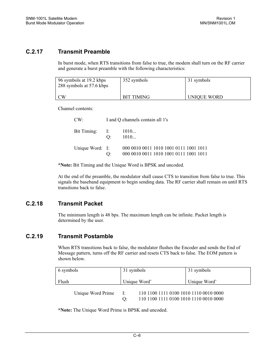 Transmit preamble, Transmit packet, Transmit postamble | Comtech EF Data SNM-1001L User Manual | Page 320 / 344