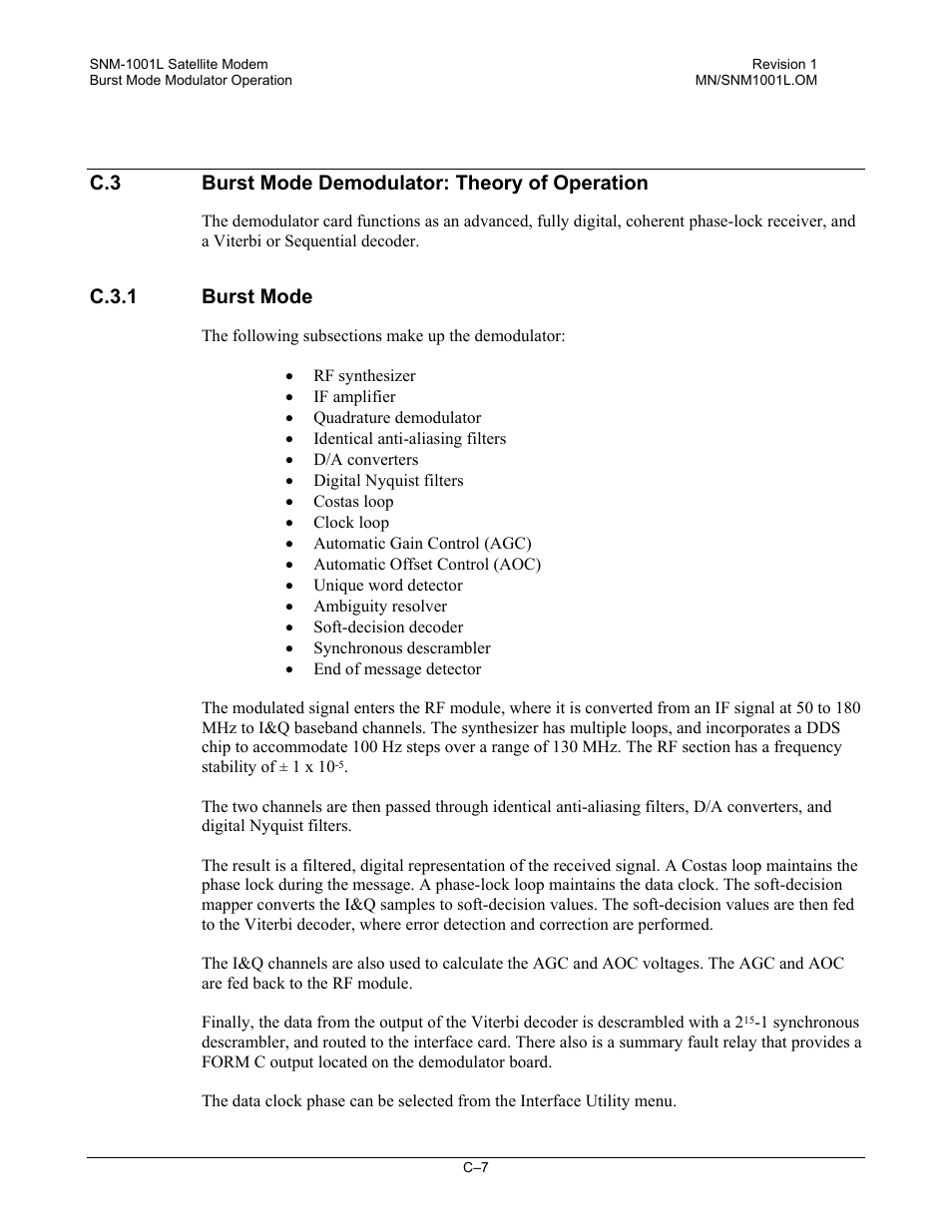 Burst mode demodulator: theory of operation, Burst mode, C.3 burst mode demodulator: theory of operation | C.3.1 burst mode | Comtech EF Data SNM-1001L User Manual | Page 321 / 344