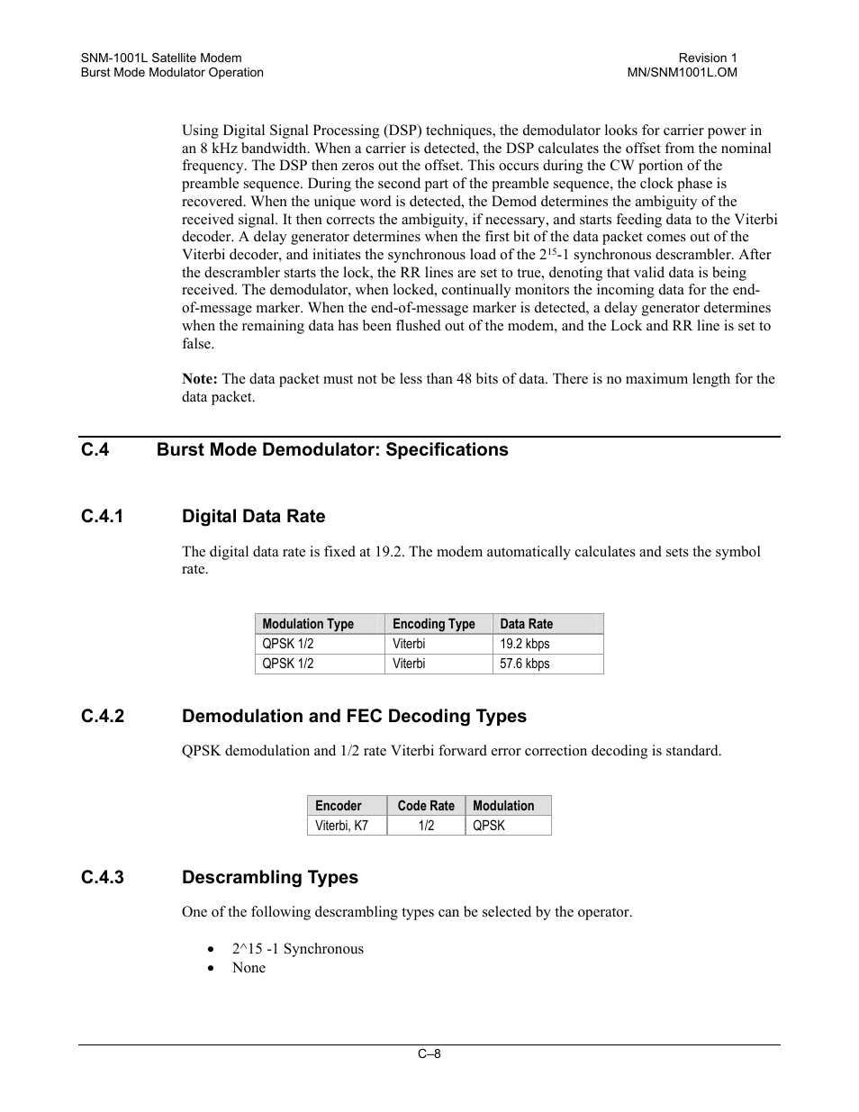 Burst mode demodulator: specifications, Digital data rate, Demodulation and fec decoding types | Descrambling types, C.4.2 demodulation and fec decoding types, C.4.3 descrambling types | Comtech EF Data SNM-1001L User Manual | Page 322 / 344