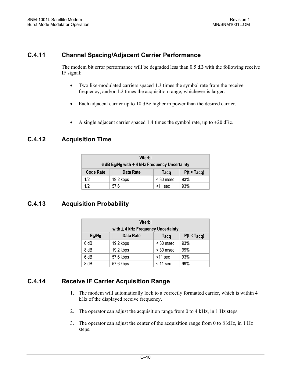 Channel spacing/adjacent carrier performance, Acquisition time, Acquisition probability | Receive if carrier acquisition range, C.4.12 acquisition time, C.4.13 acquisition probability, C.4.14 receive if carrier acquisition range | Comtech EF Data SNM-1001L User Manual | Page 324 / 344