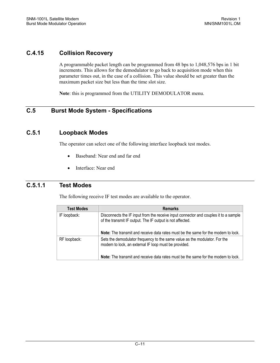 Collision recovery, Burst mode system - specifications, Loopback modes | Test modes | Comtech EF Data SNM-1001L User Manual | Page 325 / 344