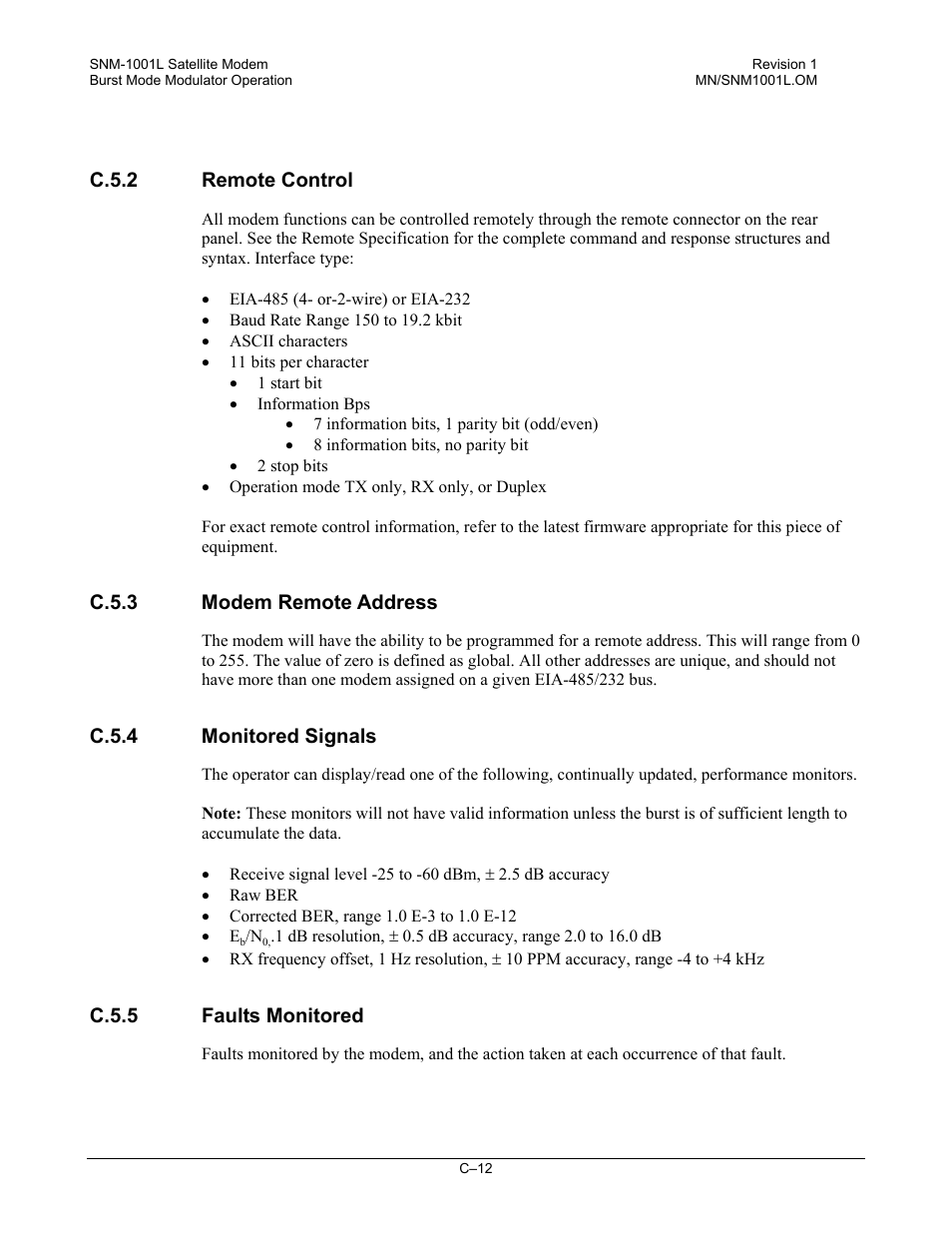 Remote control, Modem remote address, Monitored signals | Faults monitored | Comtech EF Data SNM-1001L User Manual | Page 326 / 344