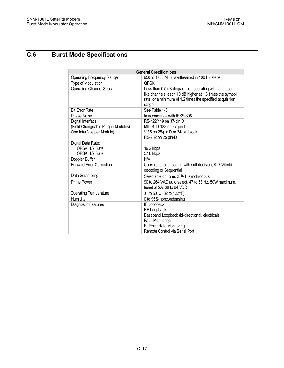 Burst mode specifications, C.6 burst mode specifications | Comtech EF Data SNM-1001L User Manual | Page 331 / 344