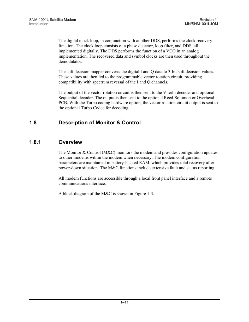 Description of monitor & control, Overview, 8 description of monitor & control 1.8.1 overview | Comtech EF Data SNM-1001L User Manual | Page 35 / 344