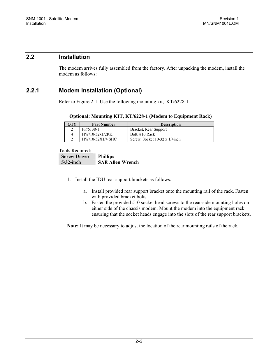 Installation, Modem installation (optional), 2 installation | 1 modem installation (optional) | Comtech EF Data SNM-1001L User Manual | Page 42 / 344