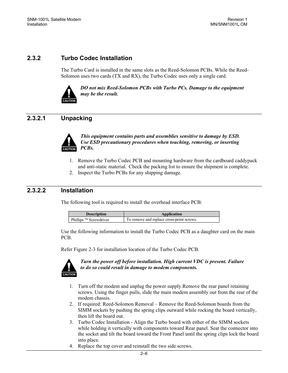 Turbo codec installation, Unpacking, Installation | 2 turbo codec installation, 1 unpacking, 2 installation | Comtech EF Data SNM-1001L User Manual | Page 46 / 344