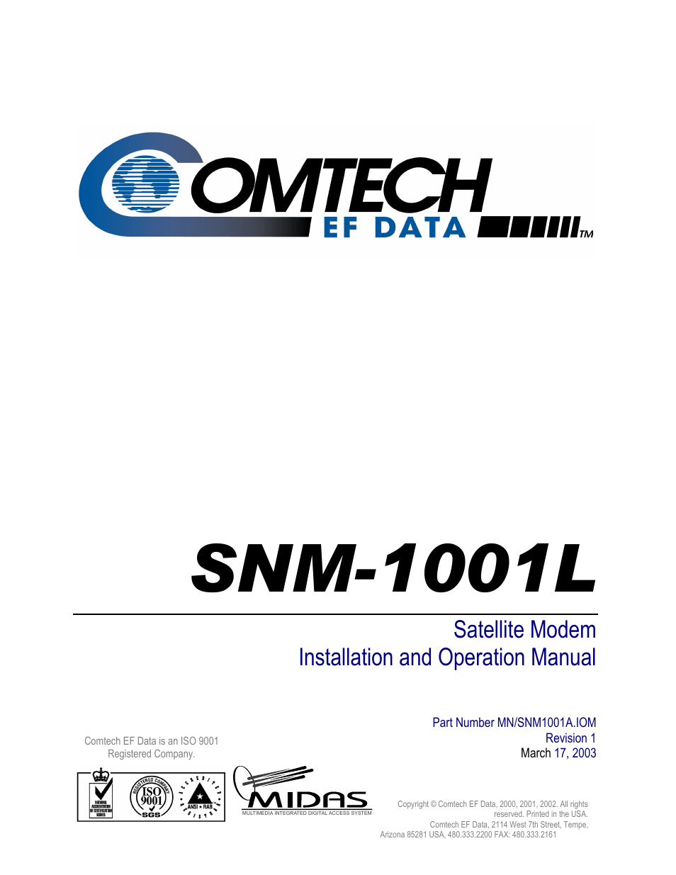 Snm-1001l, Satellite modem installation and operation manual | Comtech EF Data SNM-1001L User Manual | Page 5 / 344