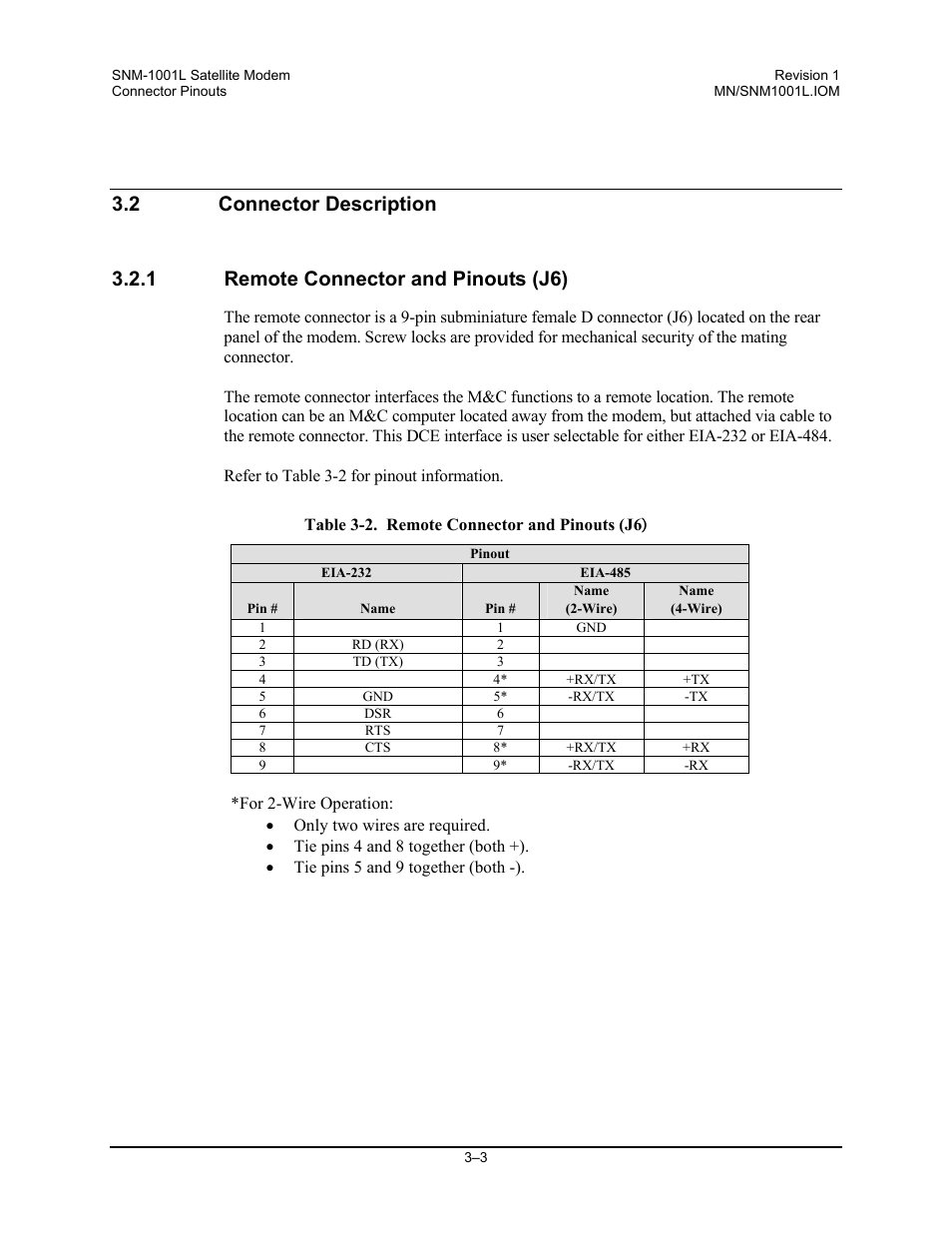 Connector description, Remote connector and pinouts (j6) | Comtech EF Data SNM-1001L User Manual | Page 55 / 344